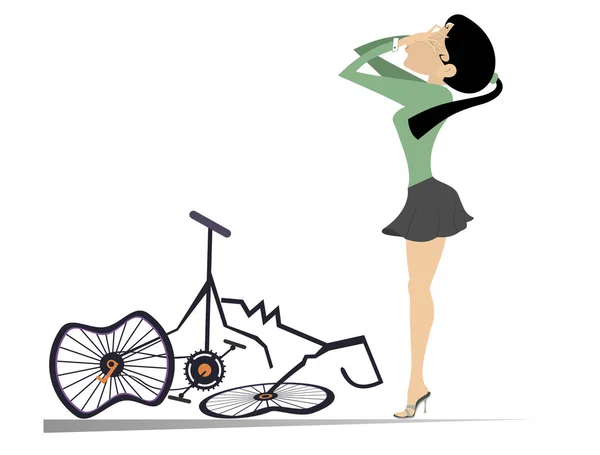 Mujer Ciclista Una Bicicleta Rota Ilustración Aislada Mujer Ciclista Llorona — Vector de stock