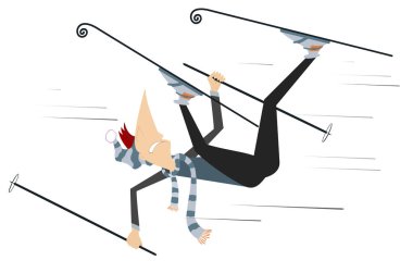 Kayakçı adam illüstrasyon izole. Düşen karikatür kayakçı adam beyaz illüstrasyon izole