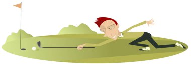 Golf sahası resimde üzerinde gülümseyen golfçü. Gülümseyen golfçü iyi tekme illüstrasyon yapmak hedefleyen