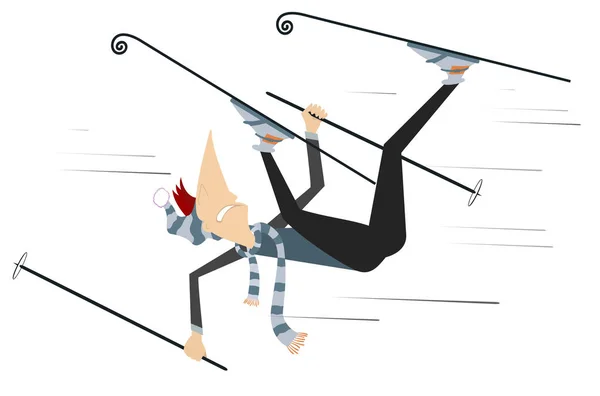 Kayakçı adam illüstrasyon izole. Düşen karikatür kayakçı adam beyaz illüstrasyon izole