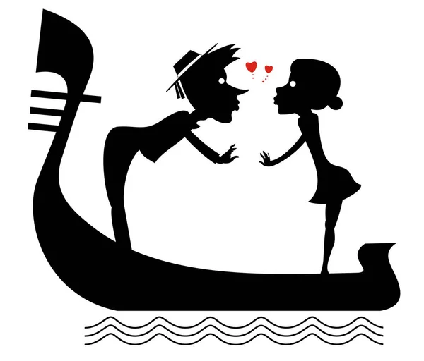 心符号和贡多拉例证 滑稽的船夫和女人坠入爱河和乘坐贡多拉黑色白色查出的例证 — 图库矢量图片