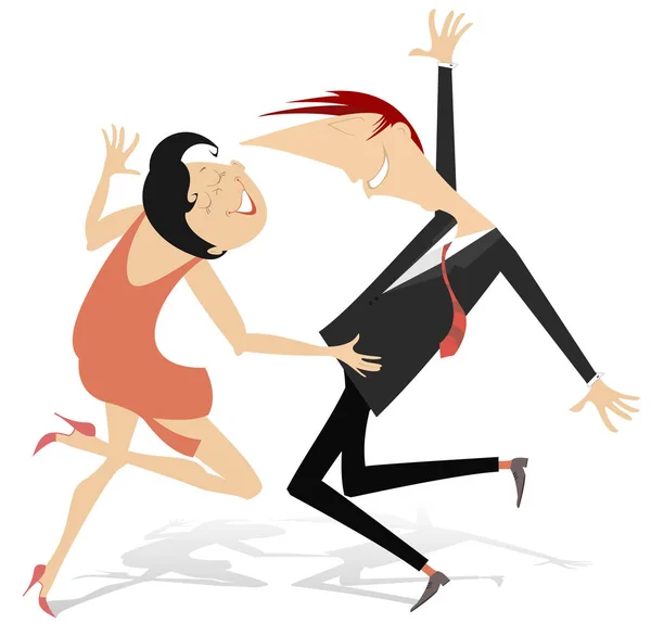 Funny Dancing Young Couple Isolated Romantic Dancing Man Woman Cartoon — Stock Vector