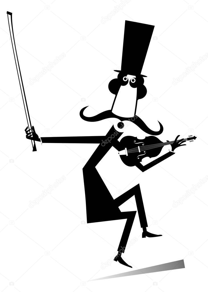 Cartoon long mustache violinist illustration . Smiling mustache man in the top hat with violin and fiddlestick black on white isolated illustration 