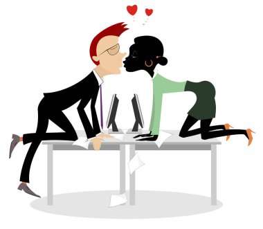 Afrikalı kadın ve beyaz adam illüstrasyon arasında Office romantizm. Erkek ve kadın üzerinde tablo ve bir başka beyaz izole öpücük aşk oturup kalmaktadır 