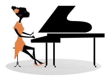 Afrikalı kadın piyanist illüstrasyon. Çizgi film Afrikalı kadın piyanist beyaz izole müzik 