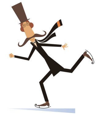 Silindir şapkalı bir patenci illüstrasyon karikatür bıyıklı adam. Silindir şapka bıyık beyefendi izole üzerinde beyaz illüstrasyon buz pateni