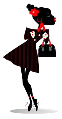 Çekici genç Afrikalı kadın illüstrasyon. Zarif genç Afrikalı kadın üzerinde beyaz illüstrasyon izole bir süslü çanta illüstrasyon tutar