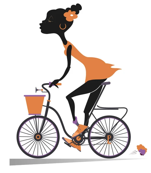 Mulher Africana Monta Uma Bicicleta Ilustração Isolada Mulher Africana Monta — Vetor de Stock