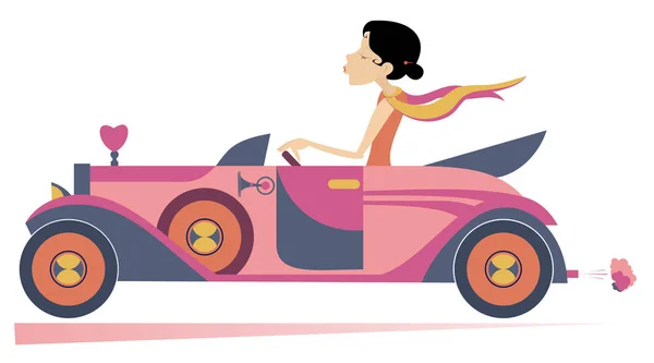 Mooie Vrouw Rijdt Auto Illustratie Elegante Jongedame Rijdt Een Cabriolet — Stockvector