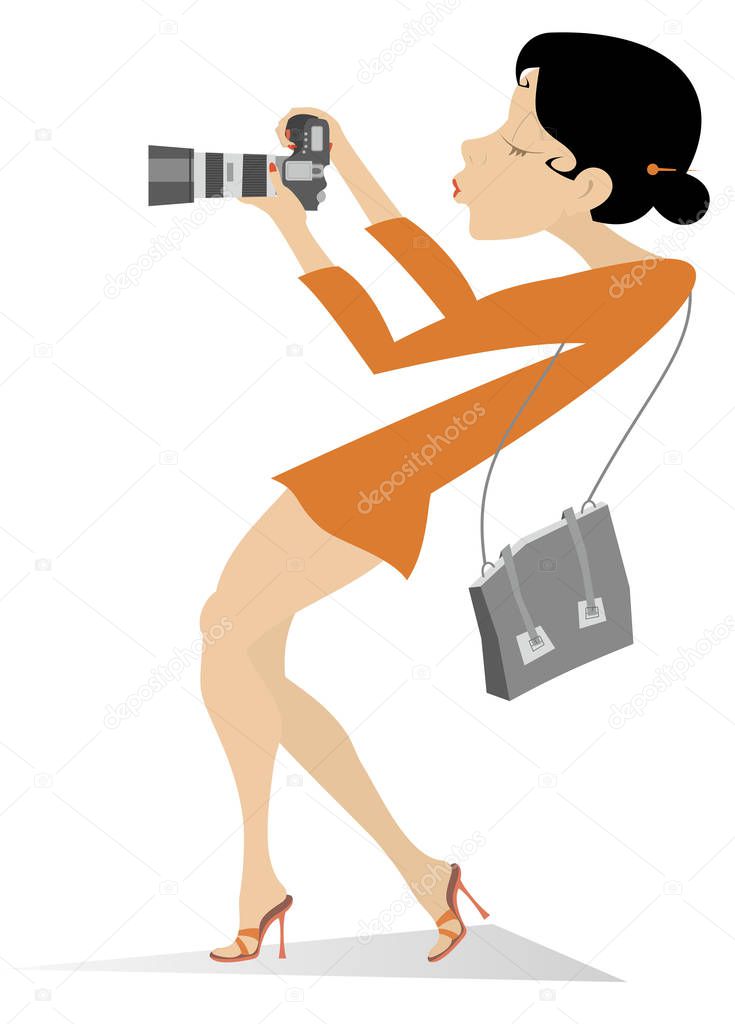 Photographer young woman illustration. Pretty young woman with a bag on the shoulder takes a picture isolated on white illustration