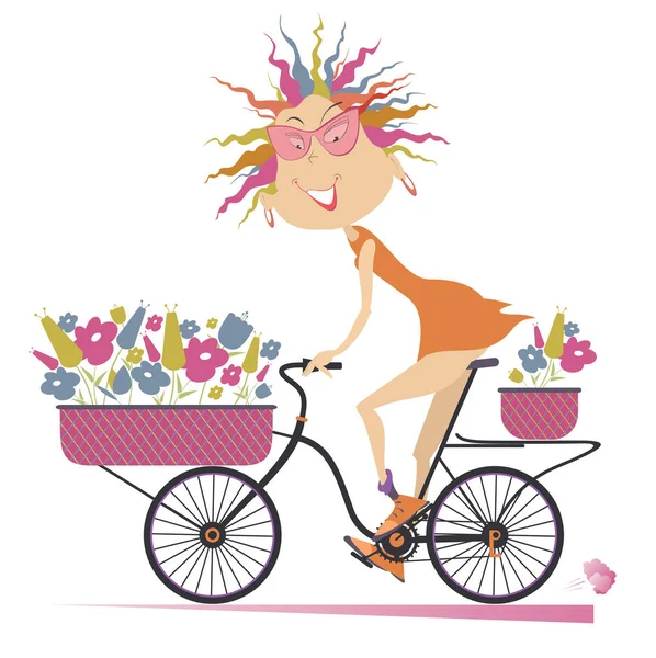 Funny Young Woman Bike Bouquets Flowers Illustration Smiling Young Woman — Stock Vector