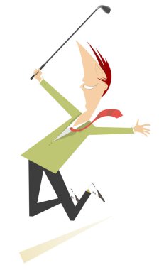 Mutlu golfçü illüstrasyon atlama. Gülümseyen golfçü üzerinde beyaz illüstrasyon izole iyi bir tekme hakkında mutludur