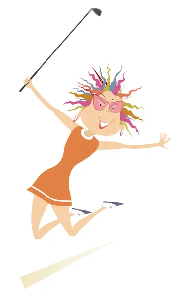 Gelukkige Vrouw Golfer Illustratie Springen Lachende Vrouw Golfer Tevreden Een — Stockvector
