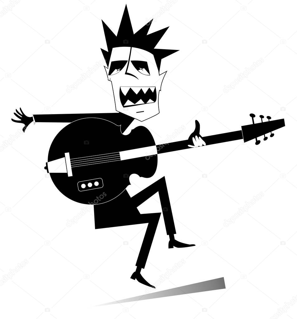 Cartoon guitar player isolated illustration. Expressive guitarist is playing music and singing with the great inspiration black on white illustration