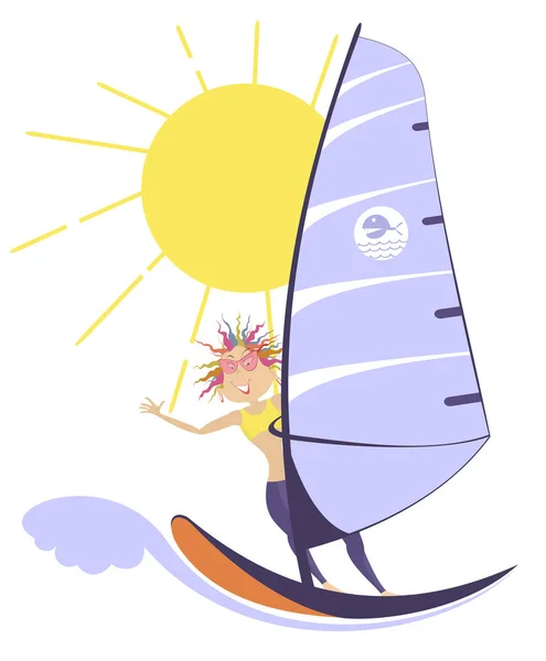 Ilustración Mujer Windsurf Día Soleado Ola Grande Mujer Sonriente Barco — Vector de stock