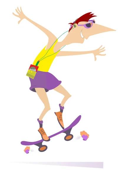 Skateboarding Mann Isoliert Illustration Cartoon Lächelnder Mann Mit Kopfhörer Reitet — Stockvektor