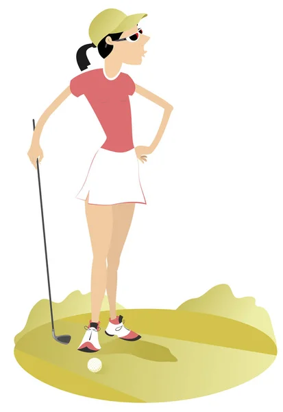 Mujer Golfista Ilustración Campo Golf Mujer Joven Con Club Golf — Vector de stock
