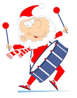 Komik Noel Baba büyük davul illüstrasyon atıyor. Noel Baba sopaları üzerinde beyaz illüstrasyon izole iki elini kullanarak büyük bir drum beats