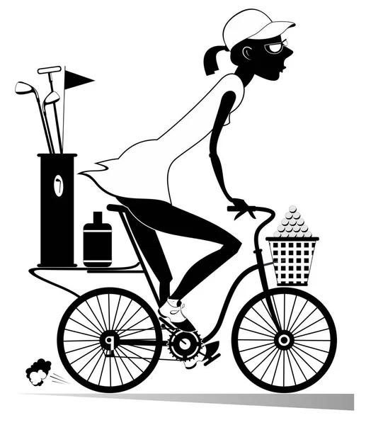 Mujer Joven Monta Bicicleta Jugar Golf Ilustración Mujer Joven Bicicleta — Vector de stock