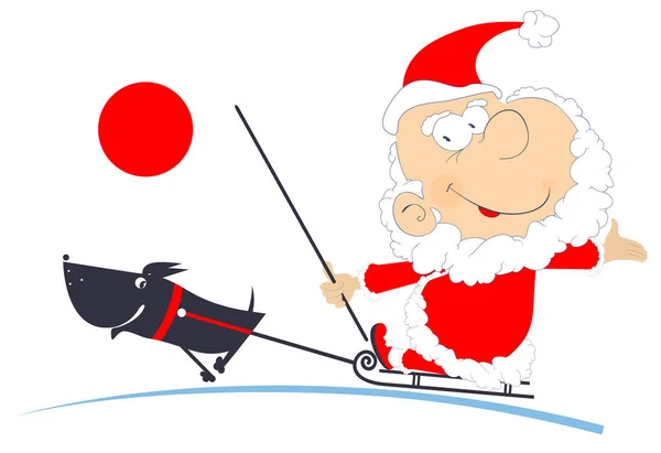 Santa Claus Monta Trineo Perro Aislado Ilustración — Vector de stock