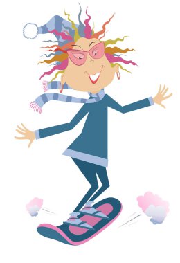 Gülümseyen kadın snowboard illüstrasyon. Beyaz izole snowboard üzerinde gülümseyen kadın karikatür sürmek 