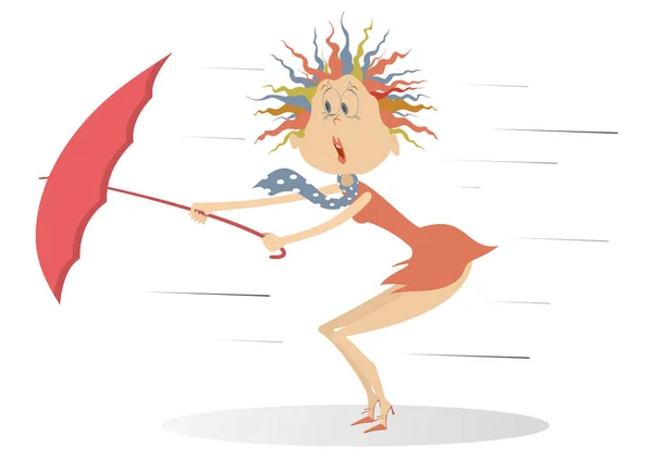 Сильный Ветер Дождь Женщина Зонтиком Изолированные Иллюстрации Вихрь Дождь Женщина — стоковый вектор