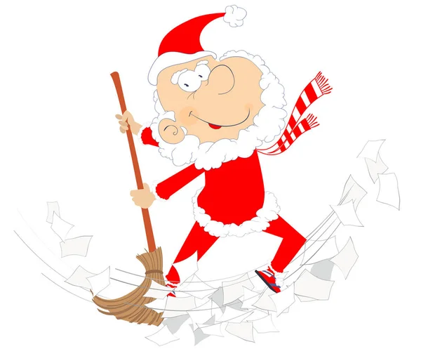 Kreslené Santa Claus Uklízení Ilustrace Kreslené Santa Claus Zametá Doklady — Stockový vektor