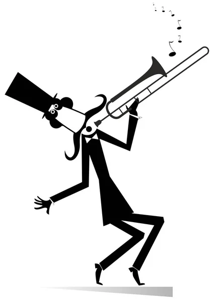 漫画長い口ひげトランペッターは 音楽イラスト分離を果たしています 演奏トロンボーン シルエットを白地黒シルクハットの口ひげの男 — ストックベクタ