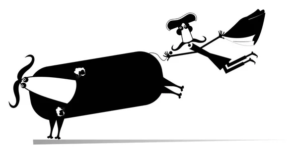 动画片斗牛士和公牛隔绝的例证 动画片长胡子斗牛士捉住跑的公牛由尾巴黑在白色例证 — 图库矢量图片