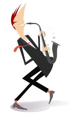 Saksofoncu illüstrasyon izole. Saksofoncu müzik ilham üzerinde beyaz illüstrasyon izole ile oynuyor