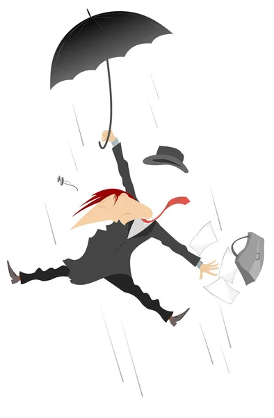 Storm Hurricane Man Flies Umbrella Illustration Whirlwind Rain Businessman Umbrella — Stock Vector