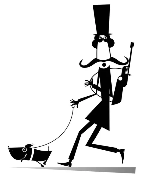 Kreslený Muž Puškou Pes Jde Lov Ilustrace Karikatura Dlouhý Knír — Stockový vektor