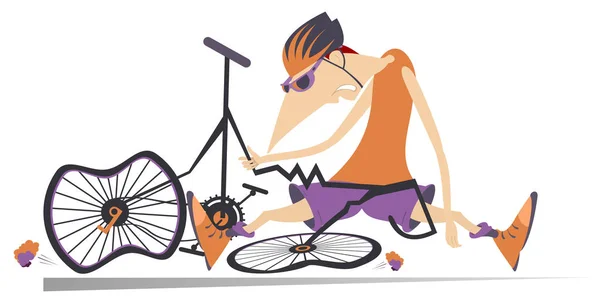 Triste Ciclista Bicicleta Quebrada Ilustração Ciclista Sentado Perto Uma Bicicleta — Vetor de Stock