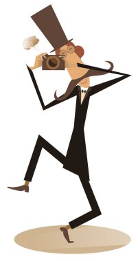 Bıyık retro fotoğrafçı illüstrasyon izole. Bir fotoğraf üzerinde beyaz illüstrasyon izole karikatür uzun bıyık fotoğrafçı silindir şapka yapar