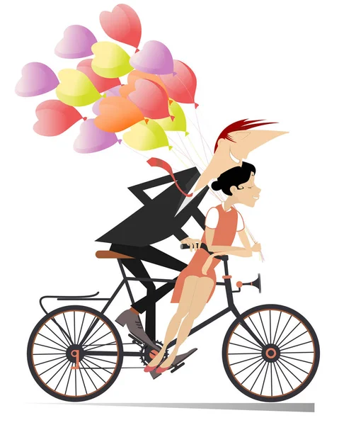 ロマンチックなカップルは分離された自転車の図に乗って 笑顔の男性と女性の手にたくさんの風船を持って一緒に自転車に乗るし 幸せに孤立した白図を見る — ストックベクタ