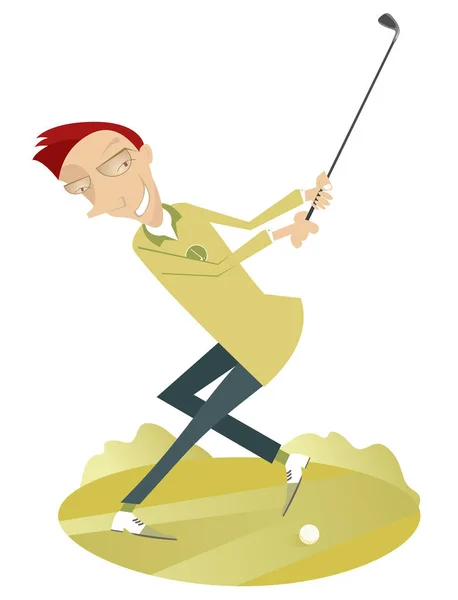 Sonriente Golfista Ilustración Campo Golf Sonriente Golfista Hombre Con Objetivo — Vector de stock