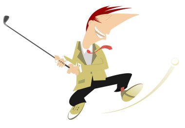 Golf sahası resimde üzerinde gülümseyen golfçü. İyi tekme illüstrasyon yapmak amaçlayan gülümseyen golfçü adam