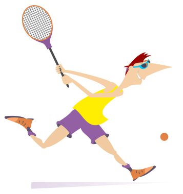 Genç adam tenis oynamaya illüstrasyon izole. Adam bir tenis raketi ile üzerine beyaz izole bir top atıyor