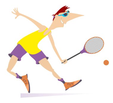 Genç adam tenis oynamaya illüstrasyon izole. Adam bir tenis raketi ile üzerine beyaz izole bir top atıyor