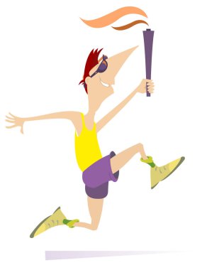 Adam çalıştıran Olimpiyat meşalesinin illüstrasyon tutar. Genç sporcu ile çalışan gülümseyen bir spor üzerinde beyaz illüstrasyon izole meşale 