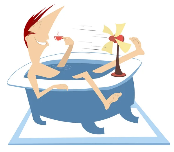 Man Bathtub Tabletop Fan Fresh Coffee Air Illustration Comic Man — Stock Vector