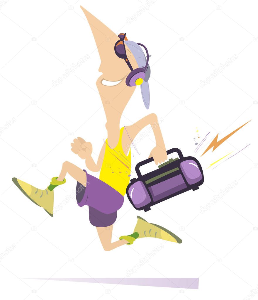 Comic runner, sunglasses, headphones and boom box music illustration. Comic man with sunglasses and headphones is running and listening music on boom box isolated on white