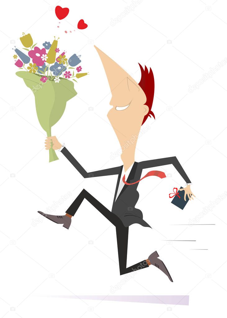 Smiling running man with a bunch of flowers and present box illustration. Lucky man falls in love and hurries to give to his woman a bunch of flowers and present isolated on white illustration