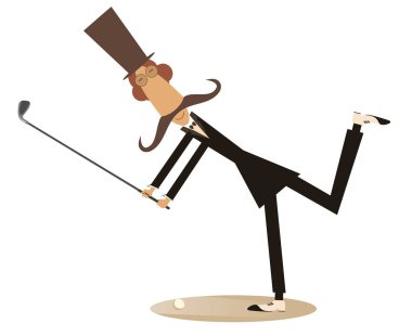 Beyefendi bir izole golfçü resimde. Beyefendi bıyık ve silindir şapka ile iyi bir tekme üzerinde beyaz illüstrasyon izole yapar