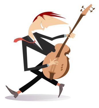 Çizgi film gitarist illüstrasyon izole. Gülümseyen adam beyaz izole gitar çalmak