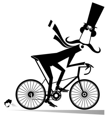 Cartoon mustache man rides on the bike isolated illustration. Cartoon mustache man in the top hat rides on the bicycle black on white illustration clipart
