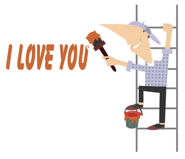Man Writes Love Inscription Illustration Smiling Man Stands Ladder Paints — Stock Vector