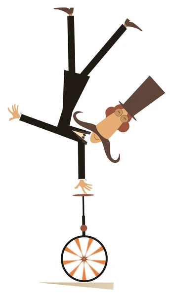 Hombre Bigote Parte Superior Paseos Sombrero Ilustración Monociclo Equilibrio Bigote — Vector de stock
