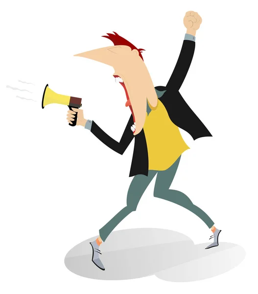 Man screams to megaphone and raises fist up illustration. Protesting man shouts to megaphone man raises fist and demands justice and job isolated on white