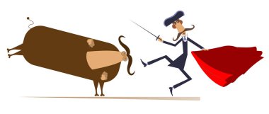 Çizgi film Boğa güreşçisi ve bir boğa illüstrasyon izole. Bir kılıç, matador cape ve kızgın boğa üzerinde beyaz illüstrasyon izole karikatür uzun bıyık Boğa güreşçisi tutar